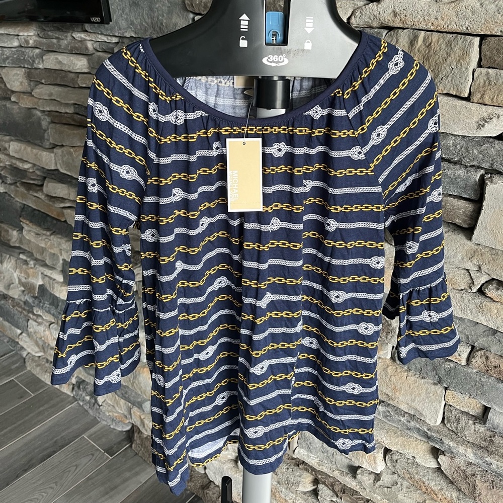 Michael Kors 3/4 sleeve navy white and gold detailed shirt